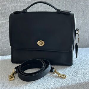 Vintage Coach Cort Black Leather Handbag with Brass Hardware